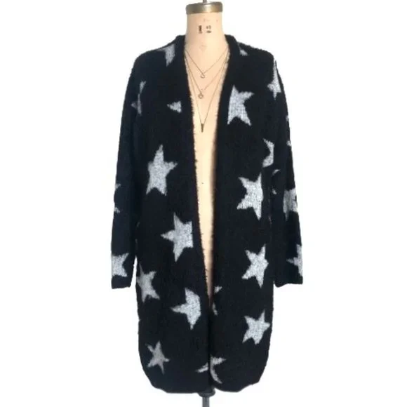 Torrid Star long Cardigan Sweater Fuzzy Black silver Sz 00